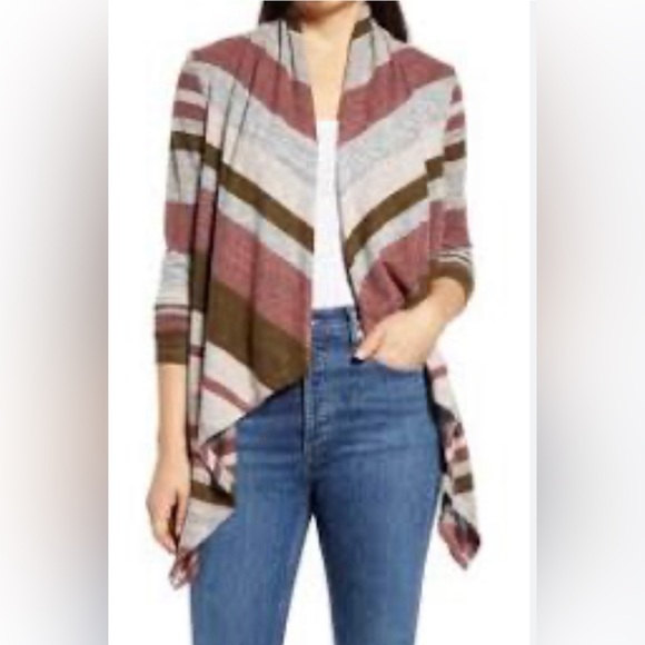 New! Bobeau Amie Striped Open Waterfall Cardigan Pink Rose Green Gray Nordstrom - Picture 1 of 9